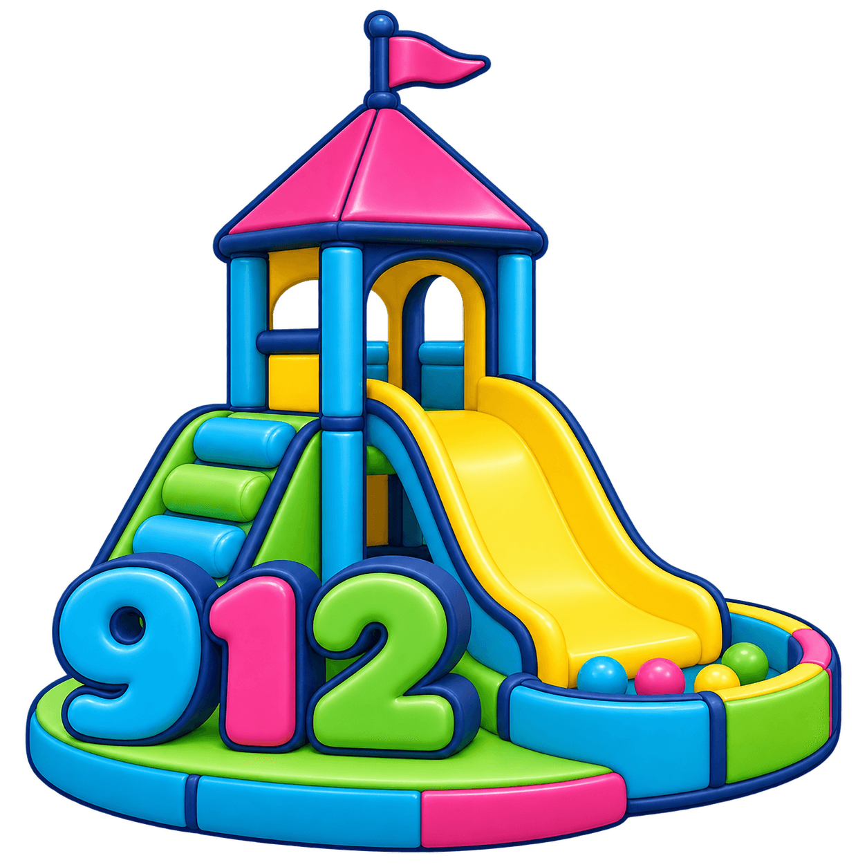 Colorful 912 playground illustration with a castle tower, slide and ball pit